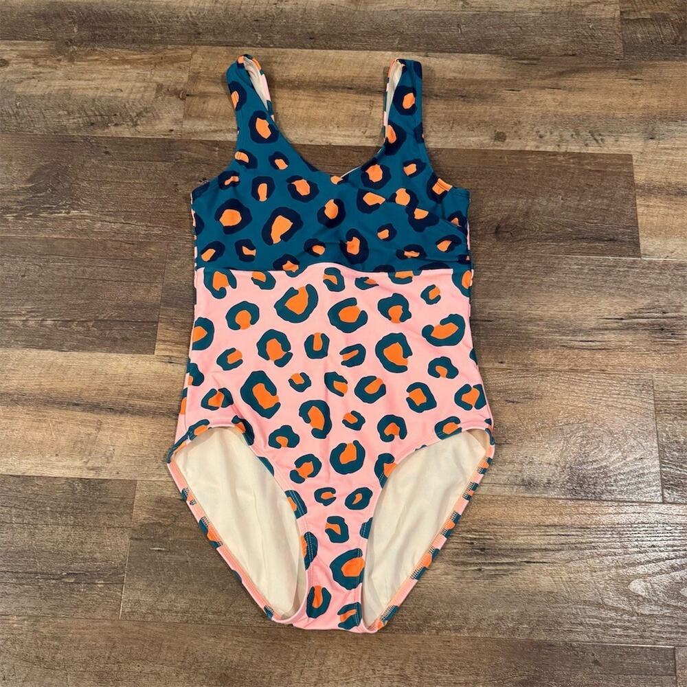 Lime Ricki One-Piece Swimsuit Modest Boho L Pink Teal Leopard Print Made in USA